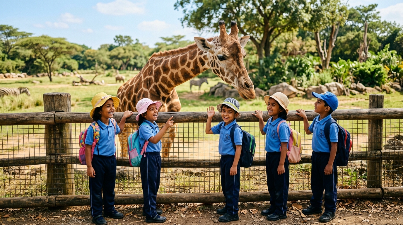 Mili Tuition students on a field trip at the zoo with a giraffe